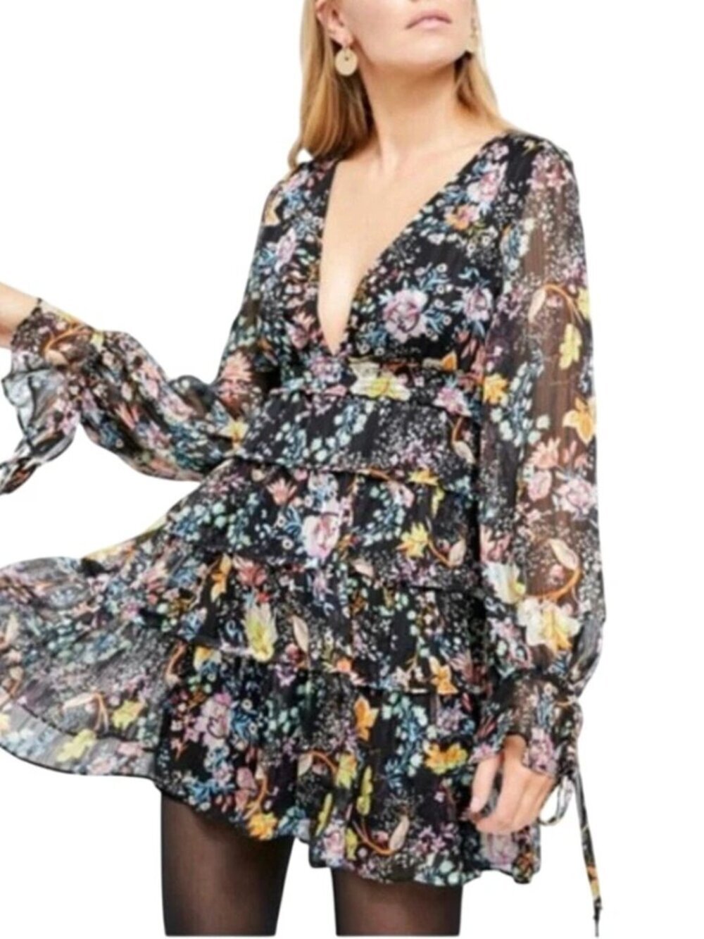 Free People Closer To The Heart Mini Dress Floral Tiered Ruffle Black NWT Small - Picture 7 of 13